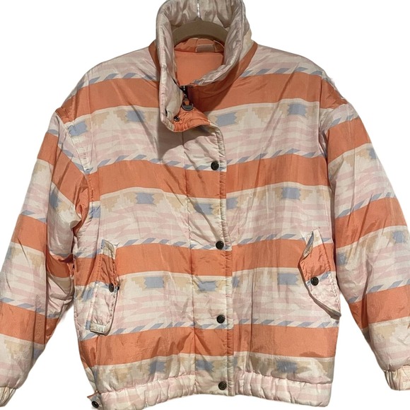 Vintage Striped Puffer Jacket Peach Cream Winter Coat Retro Ski‎ Snow Outerwear - Picture 1 of 8